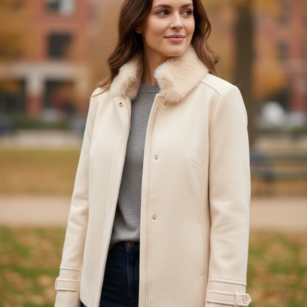 Principles Chic Women's Cream Trench Coat with Faux Fur Collar Euro Size 44